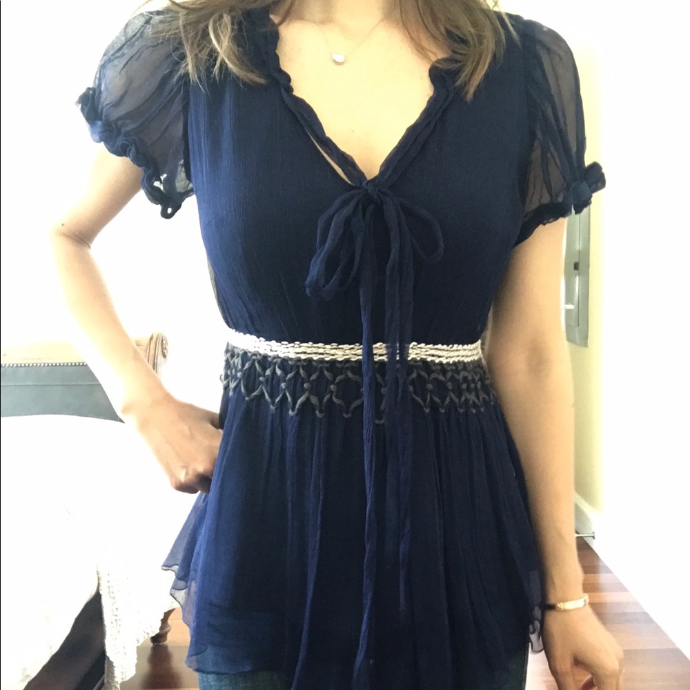 Navy blue silk empire waist top with cap sleeves